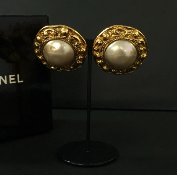 CHANEL Gold and White Pearl Earrings - Picture 1 of 4